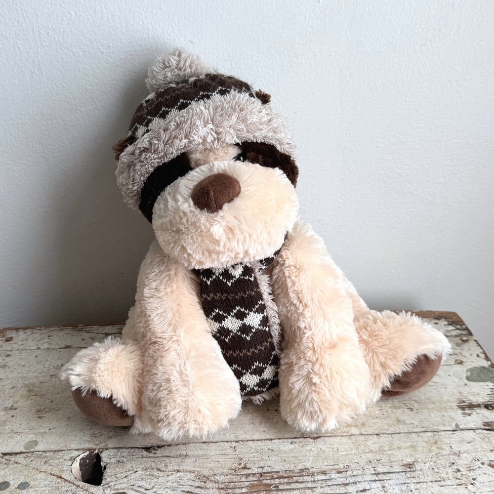 Hugfun International Winter Dog Plush Cream Brown Knit Hat Scarf Toy